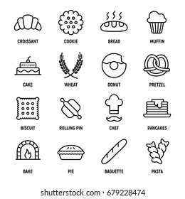 Set of 16 bakery thin line icons. High quality pictograms of food. Modern flat style icons collection. Bread, croissant, baguette, pie, cake, muffin, pretzel and others.