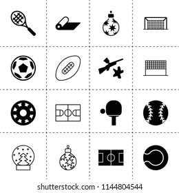 Set of 16 ball filled and outline icons such as bearing, football, paintball, christmas tree toy, tennis table, tennis ball, baseball, soccer pitch, soccer gate, mat