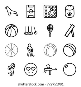 Set of 16 ball outline icons such as seal, ball, baby toy, cradle, emot in love, paintball, bowling ball, basketball, board game, golf player, volleyball player