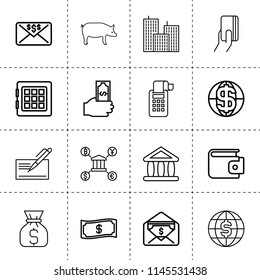 Set of 16 bank outline icons such as pig, hand holding money, money transfer, wallet, safe, building, theater, cheque, pos terminal, dollar sign on globe, credit card payment
