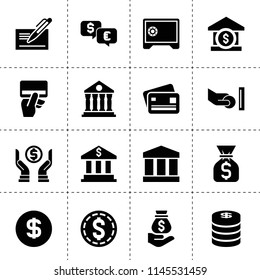 Set of 16 banking filled icons such as bank, money coin, credit card payment, money sack on hand, cheque, safe, atm and hand with coin, coins, government