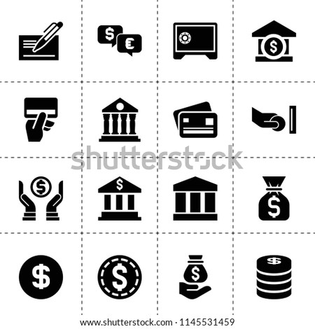Set of 16 banking filled icons such as bank, money coin, credit card payment, money sack on hand, cheque, safe, atm and hand with coin, coins, government