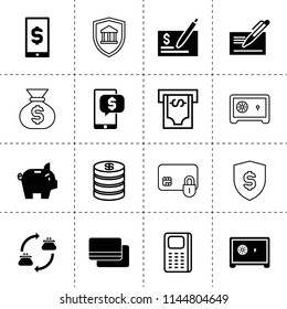 Set of 16 banking filled and outline icons such as check, safe, piggy bank, cheque, dollar sign on mobile phone, money exchange, credit card, dollar sign on phone, atm