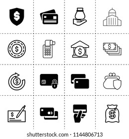 Set of 16 banking filled and outline icons such as credit card, credit card payment, money security, bank, money coin, dollar, check