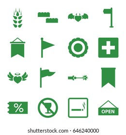 set of 16 banner filled icons such as wheat, smoking area, no alcohol, heart angel wings, devil heart with wings, flag, open plate, electric circuit, award