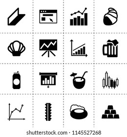 Set of 16 bar filled icons such as chart graph, soap, chart, browser, steel rebar, rolled metal, gold, line graph on board, beer mug, can, coconut cocktail
