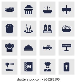 Set Of 16 Bar Icons Set.Collection Of Alcohol, Canape, Dinner Desk And Other Elements.