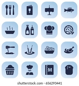 Set Of 16 Bar Icons Set.Collection Of Alcohol, Cook, Canape And Other Elements.