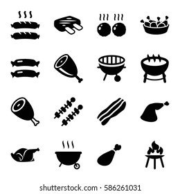 Set of 16 barbecue filled icons such as sausage, beef, chicken leg, chicken, meat leg, bbq, bacon, meat, kebab, barbeque