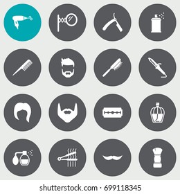 Set Of 16 Barber Icons Set.Collection Of Hairstyle, Hairspray, Beard And Other Elements.
