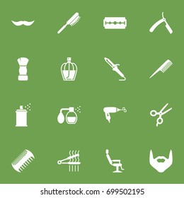 Set Of 16 Barber Icons Set.Collection Of Shaving, Coiffure, Comb And Other Elements.
