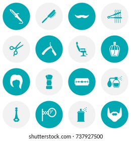 Set Of 16 Barber Icons Set.Collection Of Razor, Shears, Elbow Chair And Other Elements.