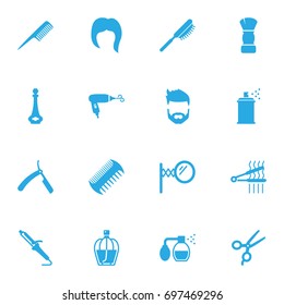 Set Of 16 Barbershop Icons Set.Collection Of Shaving, Hairstyle, Hairbrush And Other Elements.