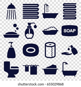 set of 16 bath filled icons such as shower, towels, baby bath, soap, soap, cloth hanging, laundry, paper towel, liquid soap