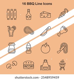 Set of 16 BBQ line icons showcasing barbecue tools and food elements for grilling designs.