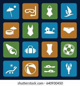 Set of 16 beach filled icons such as crab, beach ball, sunbed, slippers, swimsuit, home on island, sport bag, umbrella, inflatable pool and umbrella