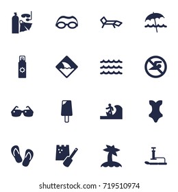 Set Of 16 Beach Icons Set.Collection Of Lounge, Warning, Surfing And Other Elements.