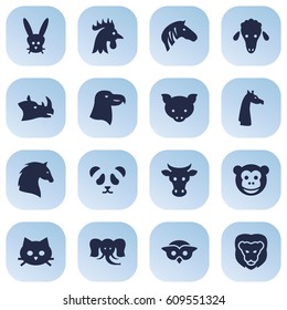 Set Of 16 Beast Icons Set.Collection Of Rooster, Hoss, Ape And Other Elements.