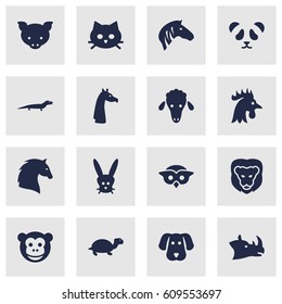 Set Of 16 Beast Icons Set.Collection Of Bunny, Rhinoceros, Tomcat And Other Elements.