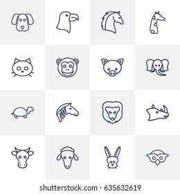 Set Of 16 Beast Outline Icons Set.Collection Of Lion, Rhino, Cat And Other Elements.