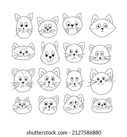 Set of 16 beautiful cats, on a white background. Cute cats. Coloring for children. All objects are separated. Vector illustration. Hand drawn. Vector illustration.