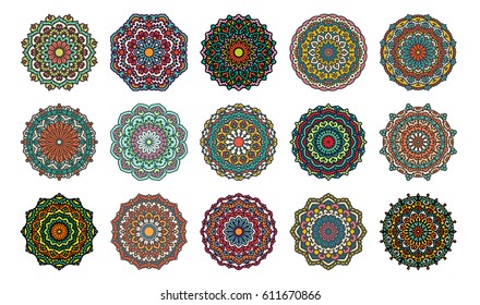 Set Of 16 Beautiful Mandalas. Vector Ethnic Oriental Circle Ornaments. Design Elements