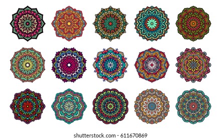 Set Of 16 Beautiful Mandalas. Vector Ethnic Oriental Circle Ornaments. Design Elements