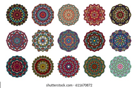 Set Of 16 Beautiful Mandalas. Vector Ethnic Oriental Circle Ornaments. Design Elements