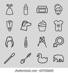 set of 16 beautiful outline icons such as bear, duck, baby onesie, woman hairstyle, female, cream box, nailfile, lipstick, cream, mascara, spa mask, dress