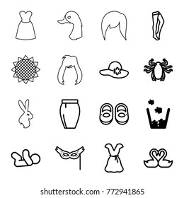 Set of 16 beautiful outline icons such as trash bin, beetle, baby shoes, baby, woman hat, tights, skirt, dress, swan heart, mask, sunflower, goose, rabbit