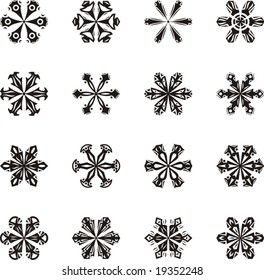 Un conjunto de 16 bellos copos de nieve, serie de ilustraciones vectoriales.