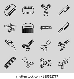 Set of 16 beauty salon, barbershop outline icons such as comb, hair curler