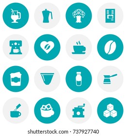 Set Of 16 Beverage Icons Set.Collection Of Plastic Cup, Moka Pot, Arabica Bean And Other Elements.