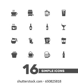 Set Of 16 Beverages Icons Set.Collection Of Pot, Alcohol, Cask And Other Elements.