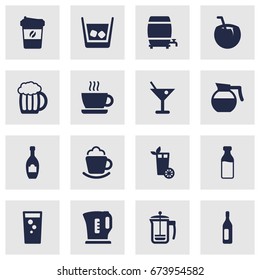 Set Of 16 Beverages Icons Set.Collection Of Pot, Cup, Cognac And Other Elements.