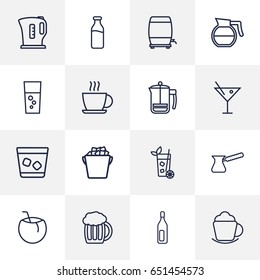 Set Of 16 Beverages Outline Icons Set.Collection Of Pot, French Press, Ice And Other Elements.