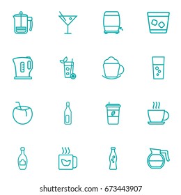 Set Of 16 Beverages Outline Icons Set.Collection Of Coconut, Cappuccino, Wine Cask And Other Elements.