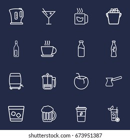 Set Of 16 Beverages Outline Icons Set.Collection Of Ice Bucket, Bottle, Cappuccino And Other Elements.
