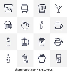 Set Of 16 Beverages Outline Icons Set.Collection Of Champagne, Coffeepot, Ice Bucket And Other Elements.