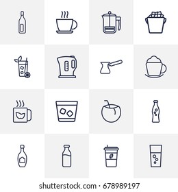 Set Of 16 Beverages Outline Icons Set.Collection Of Coconut, Mug, Champagne And Other Elements.