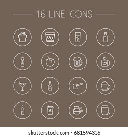 Set Of 16 Beverages Outline Icons Set.Collection Of Whiskey, Dairy, Cappuccino And Other Elements.