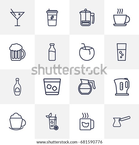 Set Of 16 Beverages Outline Icons Set.Collection Of Dairy, Hot Drink, Beer And Other Elements.