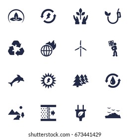 Set Of 16 Bio Icons Set.Collection Of Purification, Renewable, Fish And Other Elements.