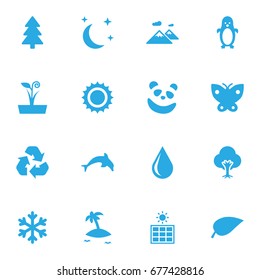 Set Of 16 Bio Icons Set.Collection Of Polar Bird, Winter Snow, Moth And Other Elements.