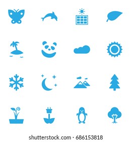Set Of 16 Bio Icons Set.Collection Of Green Power, Spruce, Isle Beach And Other Elements.
