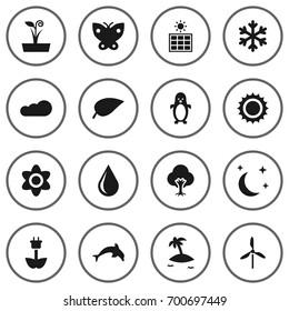 Set Of 16 Bio Icons Set.Collection Of Flowerpot, Green Power, Winter Snow And Other Elements.