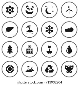 Set Of 16 Bio Icons Set.Collection Of Bear, Solar, Overcast And Other Elements.