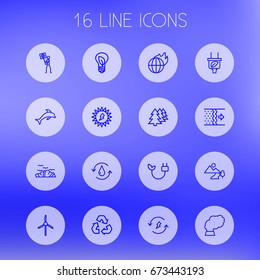 Set Of 16 Bio Outline Icons Set.Collection Of Ecologist, Electricity, Dolphin And Other Elements.