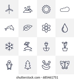 Set Of 16 Bio Outline Icons Set.Collection Of Flower, Eco Energy, Water Drop And Other Elements.