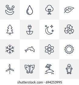 Set Of 16 Bio Outline Icons Set.Collection Of Eco Energy, Snowflake, Recycle And Other Elements.